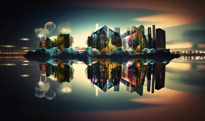  a digital painting of a city with a lake in the foreground and a city in the background with a reflection in the water at night.  generative ai