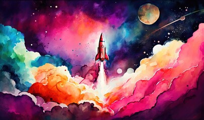  a painting of a rocket taking off into the sky with planets and stars in the background, with a rainbow hued sky and clouds.  generative ai