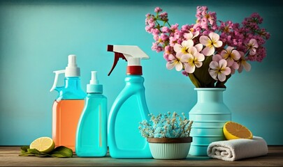 a table topped with bottles of cleaning products and a vase filled with pink and yellow flowers next to a towel and a potted plant.  generative ai