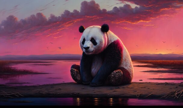 a painting of a panda bear sitting on the ground in front of a lake at sunset with birds in the sky and clouds in the background.  generative ai