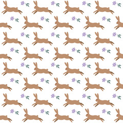 Cute bunnies seamless pattern. Easter bunnies with flowers