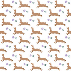 Cute bunnies seamless pattern. Easter bunnies with flowers