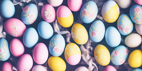 Fototapeta na wymiar Many colorful Easter eggs in a stack with various pastel colors in the spring season