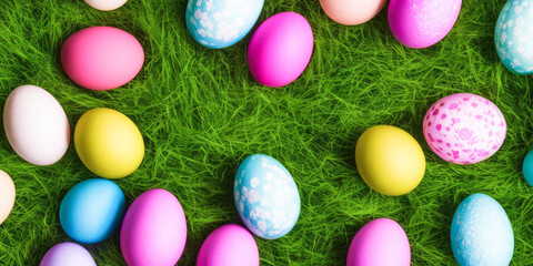Fototapeta na wymiar Many colorful Easter eggs with various pastel colors in the spring season