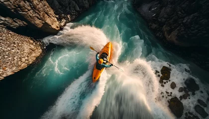 Foto op Canvas Aerial top view Extreme sport kayak sails mountain river with sun light. Rafting, whitewater kayaking. Generation AI © Adin