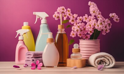  a table topped with bottles of cleaning products and a bunch of pink flowers in a vase next to a stack of towels and a pink towel.  generative ai