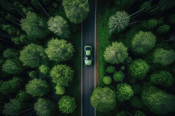 Green car on forest highway. Generative AI - obrazy, fototapety, plakaty