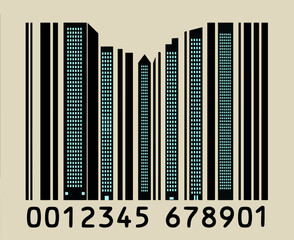 A silhouetted  city at night with lights glowing forms a barcode to represent money, shopping and budget issues in cities. 