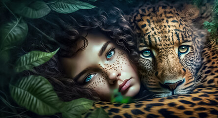 Beautiful Girl in Jungle Surrounded by Majestic leopard and Lush Foliage. The harmonious union of human and animal in their natural environment Conceptual AI Digital Art for Fantasy Artistic Theme	