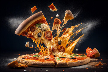 Pizza and Splashes of cheese and red pepper. Italian pizza, Juicy cheese stretches from a slice. pieces of pizza scatter to the sides.  pizza explosion, Soft focus. Ai Generated illustration.