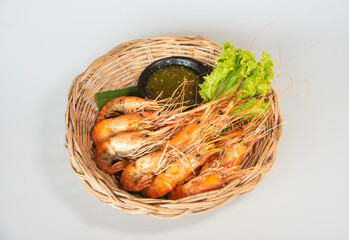 Boiled red shrimp in basket and seafood sauce
