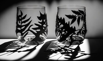  a couple of glasses sitting on top of a table next to a shadow of a plant on the glass and a shadow of a tree on the glass.  generative ai