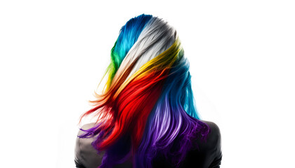 Naklejka premium Back view beautiful woman with creative hairstyle multi colored hair on white isolated background. Salon style fashion model. Generation AI
