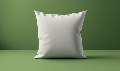  a white pillow sitting on top of a green table next to a green wall with a white pillow on top of it and a green wall behind it.  generative ai