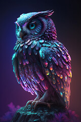 Owl in blue and purple colours, abstract owl, owl futuristic design