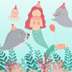 Mermaid Birthday party in undersea Everyone is having fun and having fun