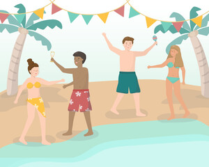 Summer time beach people. Young people friends dancing on the beach.