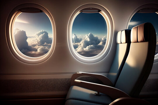 Explore the skies in comfort: empty airline plane seats with clouds outside the windows. Generative AI