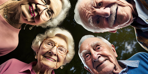 Four elderly people smiling to the camera downward - Generative AI