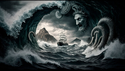 Navigating the Perilous Waters: Odysseus Braving Scylla and Charybdis - obrazy, fototapety, plakaty