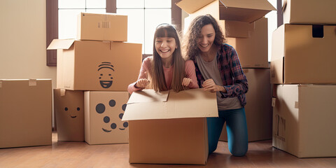 A happy family with cardboard boxes in their new house during a move - Generative AI