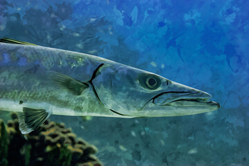 Fototapeta premium Digitally created watercolor painting of a large Great Barracuda hunting over the coral reef in the Cayman Islands