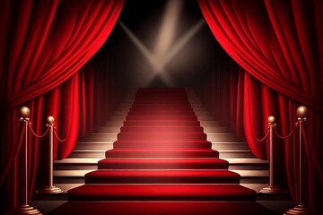 The red carpet leading to stairs with lights and curtains. Generative AI