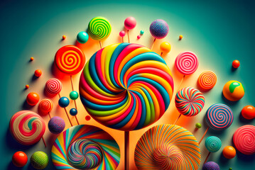 A lots of vivid colourful lollipops on a turquoise background. Created with Generative AI.