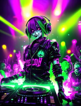 Zombie DJ in neon light