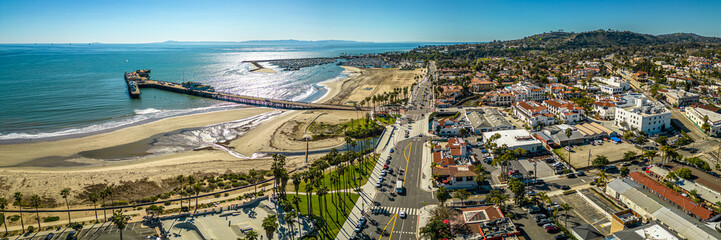 Santa Barbara Aerial Panorama. Scenic shot of Pier and beach - obrazy, fototapety, plakaty