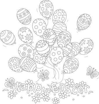 Easter card with flying holiday balloons decorated with traditional ornaments, spring flowers and merrily fluttering butterflies, black and white outline vector cartoon illustration