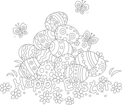 Easter card with a pile of festively painted gift eggs on a pretty lawn with spring flowers and merrily fluttering butterflies, black and white outline vector cartoon illustration