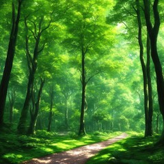 Green forest in anime style. Generative AI.