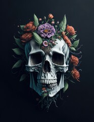 Skull with germinated flowers on dark background
