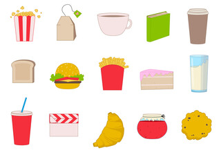 Collection of a cute food, drinks and objects. Popcorn, soda, coffee, tea, book, , milk, cookie, hamburger, cake, fries, jam, croissant, clapperboard, toast. Illustration on transparent background