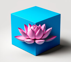 A blue cube houses a pink lotus flower that composes a subtle 3D minimalist image. This logo is perfect for a beauty, massage or relaxation institute. Generative AI