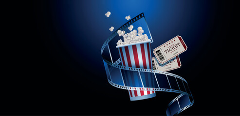 proiezione film, cinema, pellicola, spettacolo, film con pop corn su sfondo blu