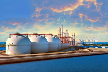 The gas terminal with the LNG storage tanks (Liquefied Natural Gas) is where the gas is transferred to the ships transporting the gas. AI generated illustration.