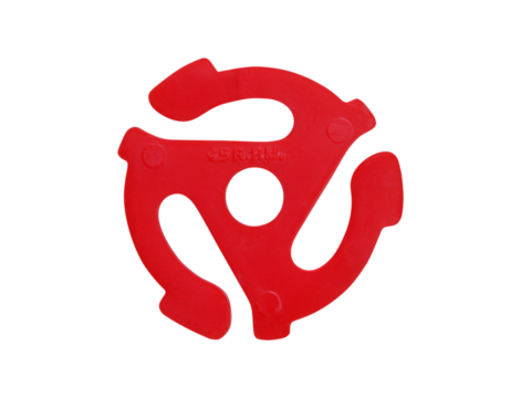 Red plastic adapter for playing 45 r.p.m. records on 33 r.p.m. record players.  Isolated with cut out background.