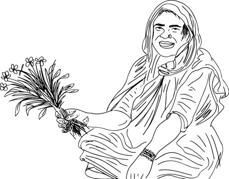 recommend clip art: Asian village woman in farm holding corporation, Sketch drawing of an Indian female farmer showing his crop with joy, silhouette of woman farmer holding fresh plants from her farm.