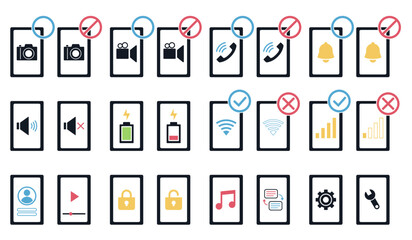 携帯電話のインフォメーション, アイコンのセット, 禁止や許可の標識, スマホのピクトグラム.インフォグラフィックのデザイン素材.