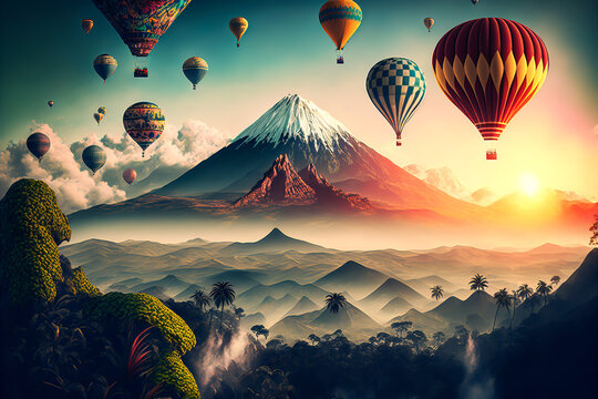Explore a wild country with snow-capped mountains and jungle. Colorful hot air balloons explore the adventure-filled sky. Generative AI
