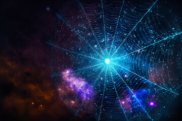 A spider web on a starry sky, illuminated by the stars of the cosmos. Incredible colors for a mystical and fascinating image. Astronomy. Generative AI