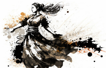 Fototapeta na wymiar Beautiful woman in ink painting dancing splendidly, Generative AI