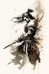 Sumi-e samurai with a sword, Generative AI