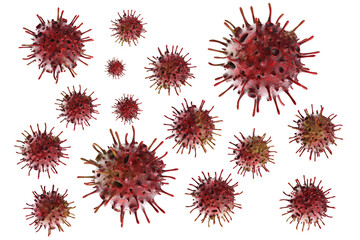 Virus molecules. Corona viruses different sizes. Bacteria are isolated on white. Bacteria infection or disease. Elements for site design. Viral bacteria background. Viruses under increase. 3d image
