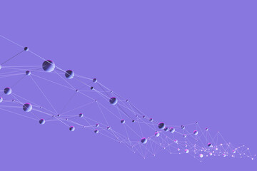 Scientific decoration. Background for research presents. Purple texture with molecular network. Scientific background for design report. Bubbles with thin lines on purple background. 3d image