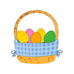 Vector Colorful Illustration of Basket with Easter Eggs Isolated on White Background