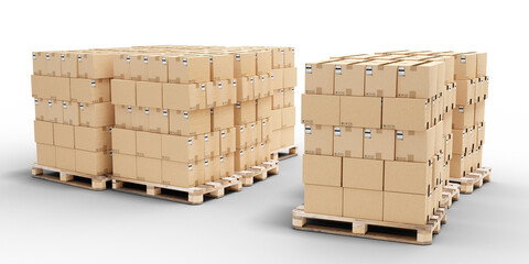 Pallets with boxes. Wooden pallets for parcels. Cardboard boxes for transpartments of goods. Parcels with stickers are isolated on white. Warehouses, logistics, transportation. 3d image
