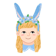 Vector Colorful Illustration of Portrait Cute Little Girl with Bunny Ears Isolated on White Background
